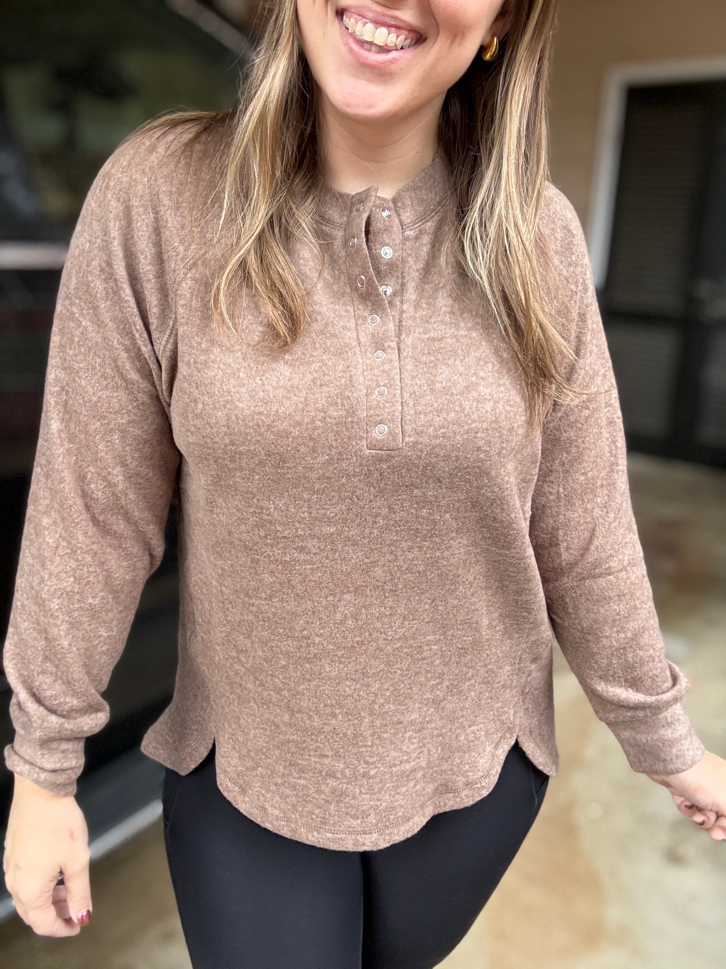 Keeping it Real Brushed Melange Hacci Long Sleeve Tee in Mocha