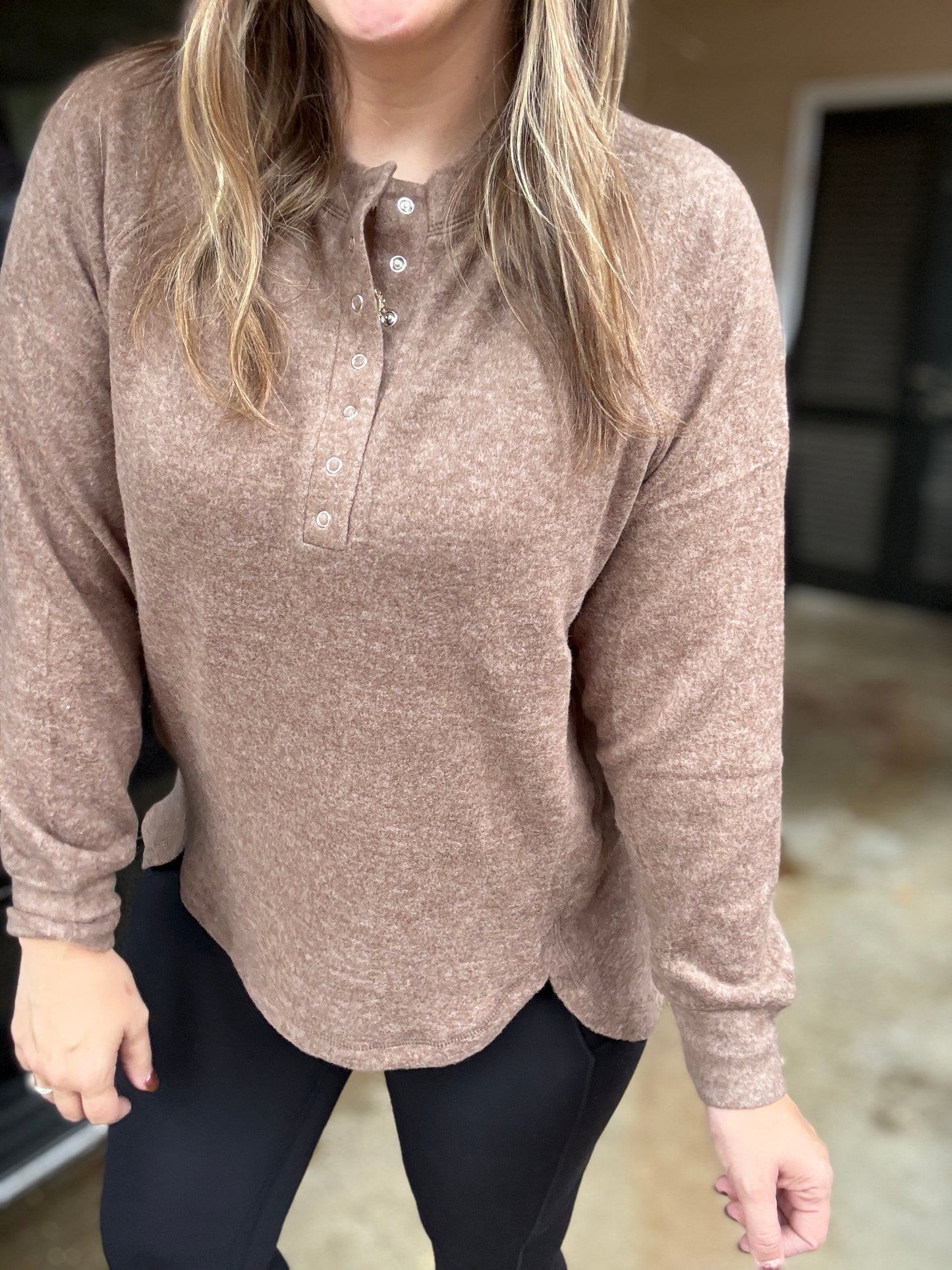 Keeping it Real Brushed Melange Hacci Long Sleeve Tee in Mocha