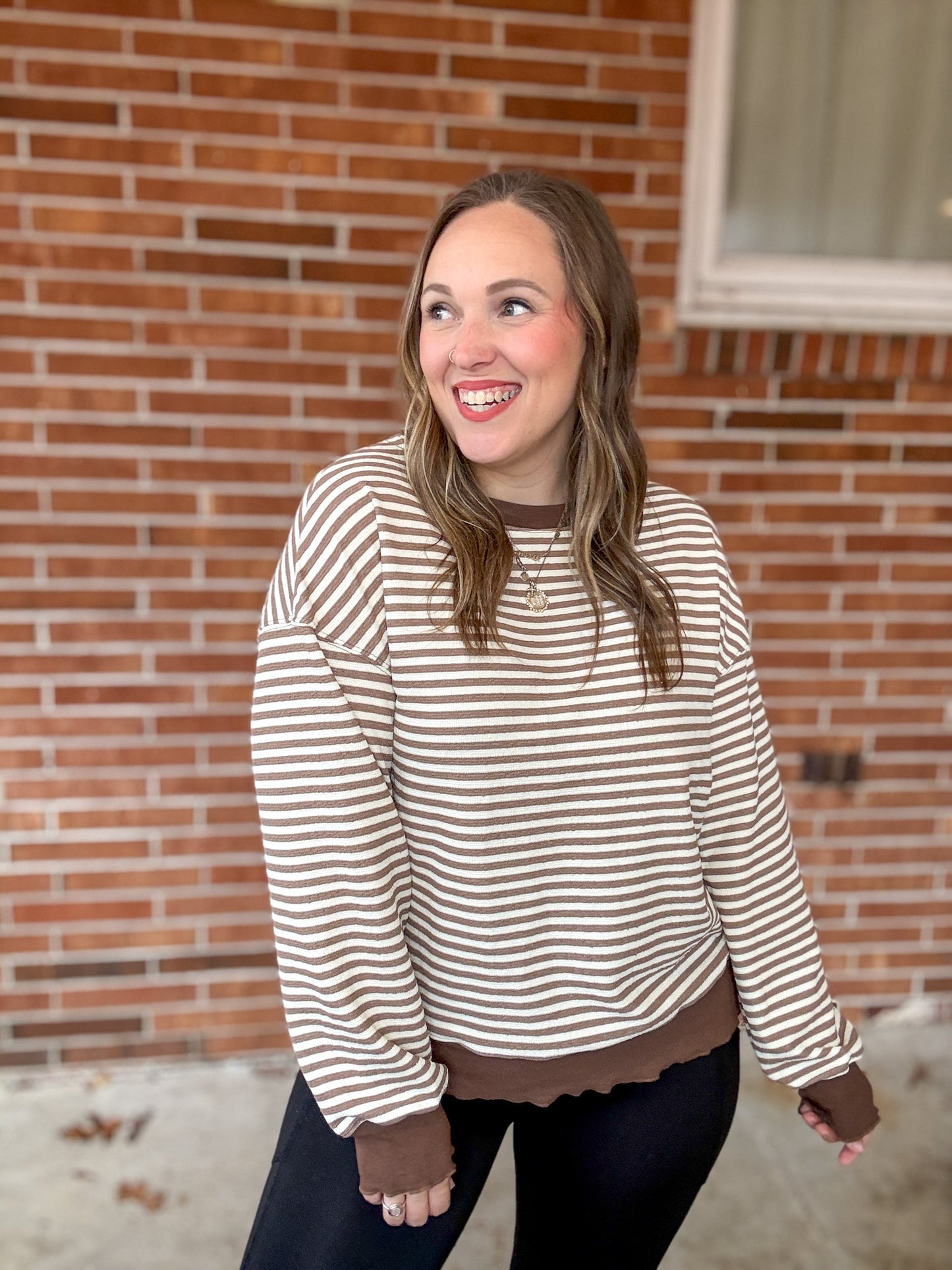 Too Good to be True Striped Drop Shoulder Top in Brown