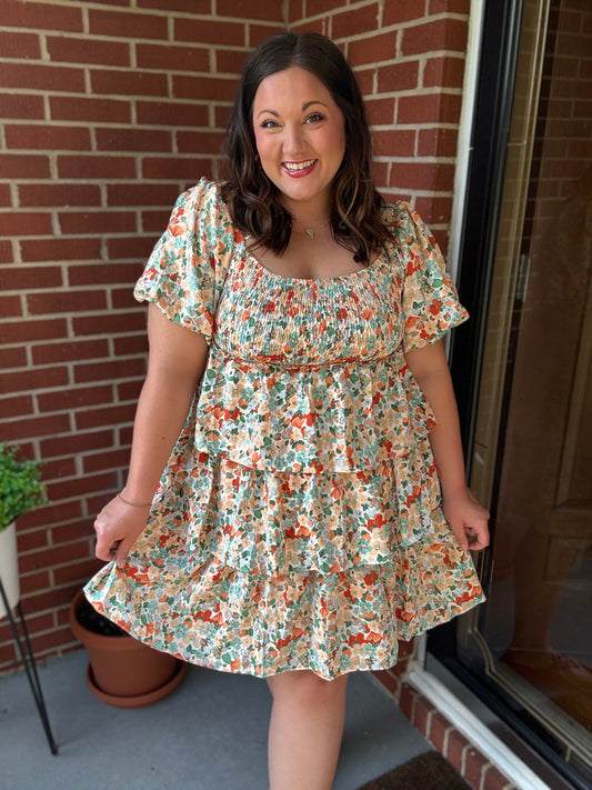 Find Love Floral Print Smocked Neck Puff Sleeve Ruffle Tiered Dress