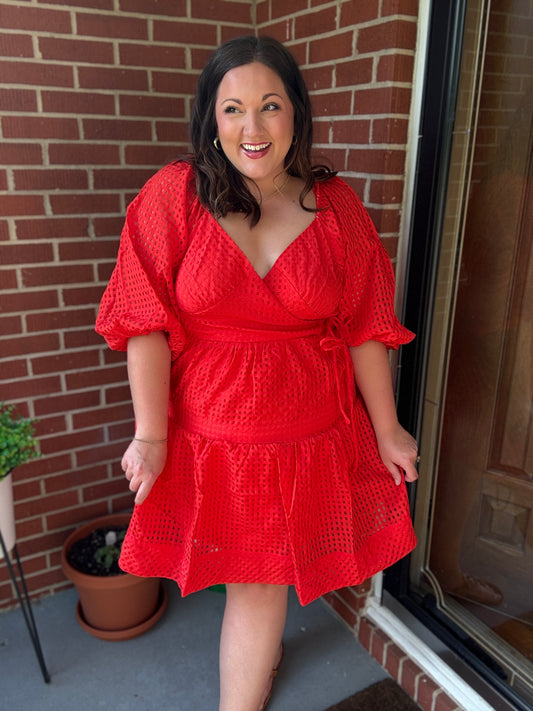 Love Found Red Crepe Sweetheart Wrap Yoke Puff Sleeve Lined Dress