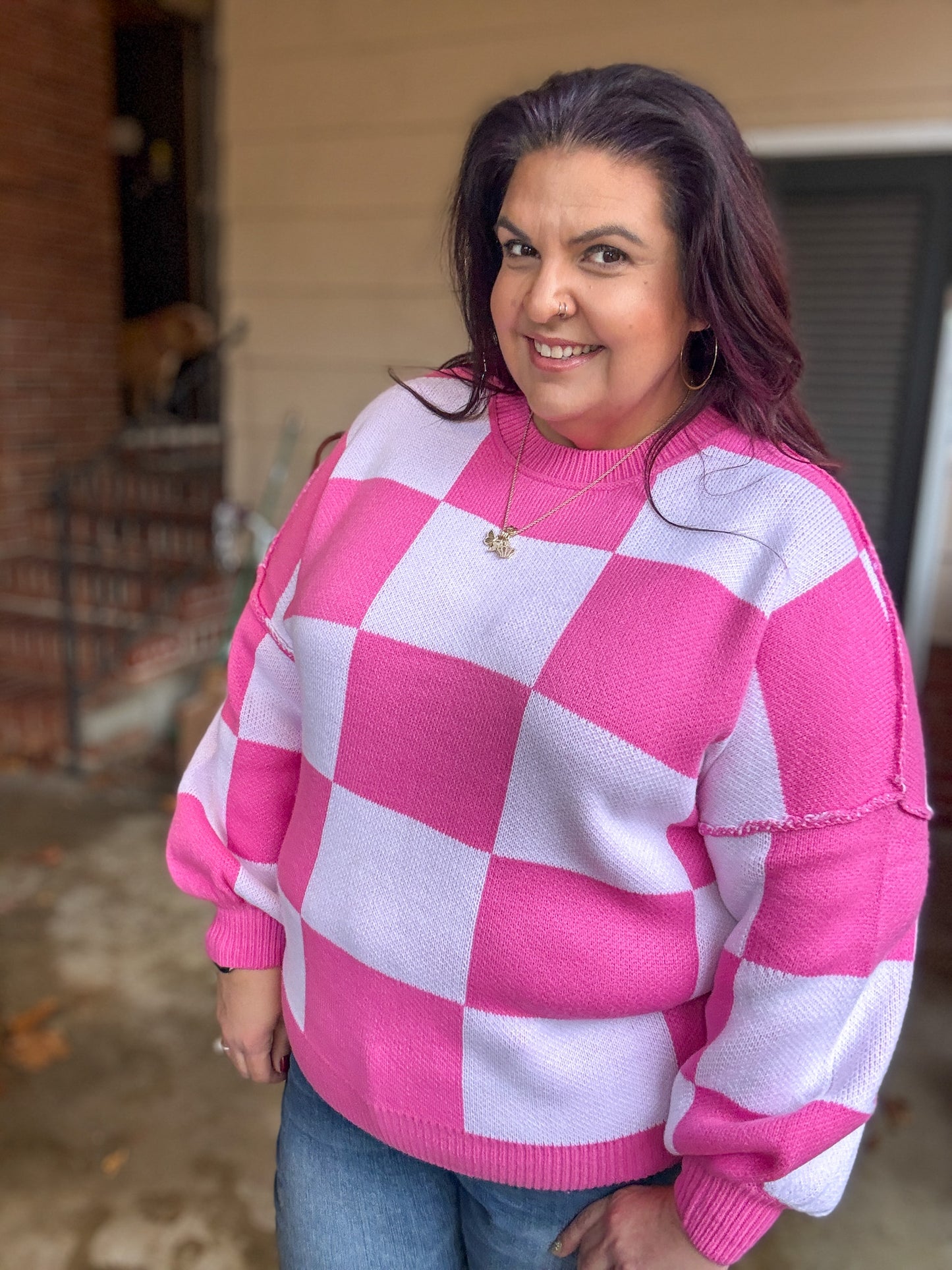 Check Yourself Checkered Sweater in Pink