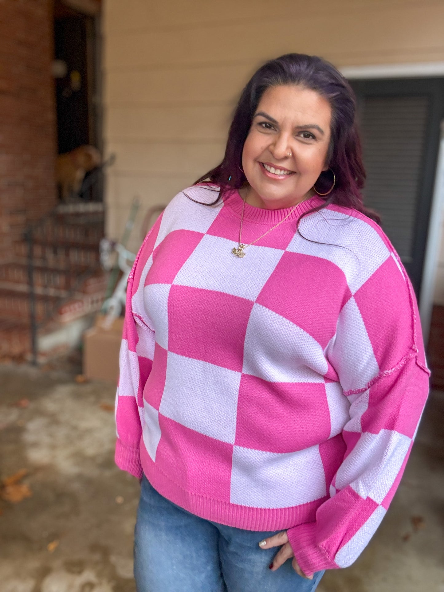 Check Yourself Checkered Sweater in Pink