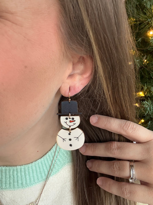 Wooden Snowman Dangle Earrings