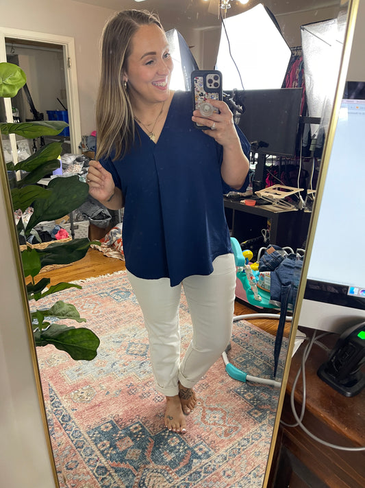 Up For Anything V-Neck Blouse in Navy