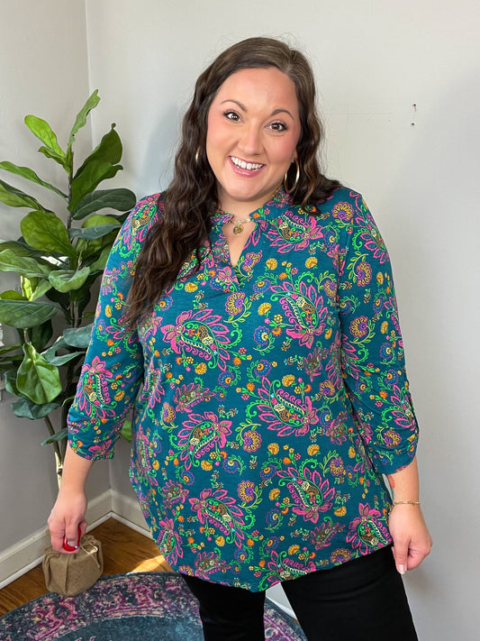 Lizzy Top in Teal and Purple Floral Paisley