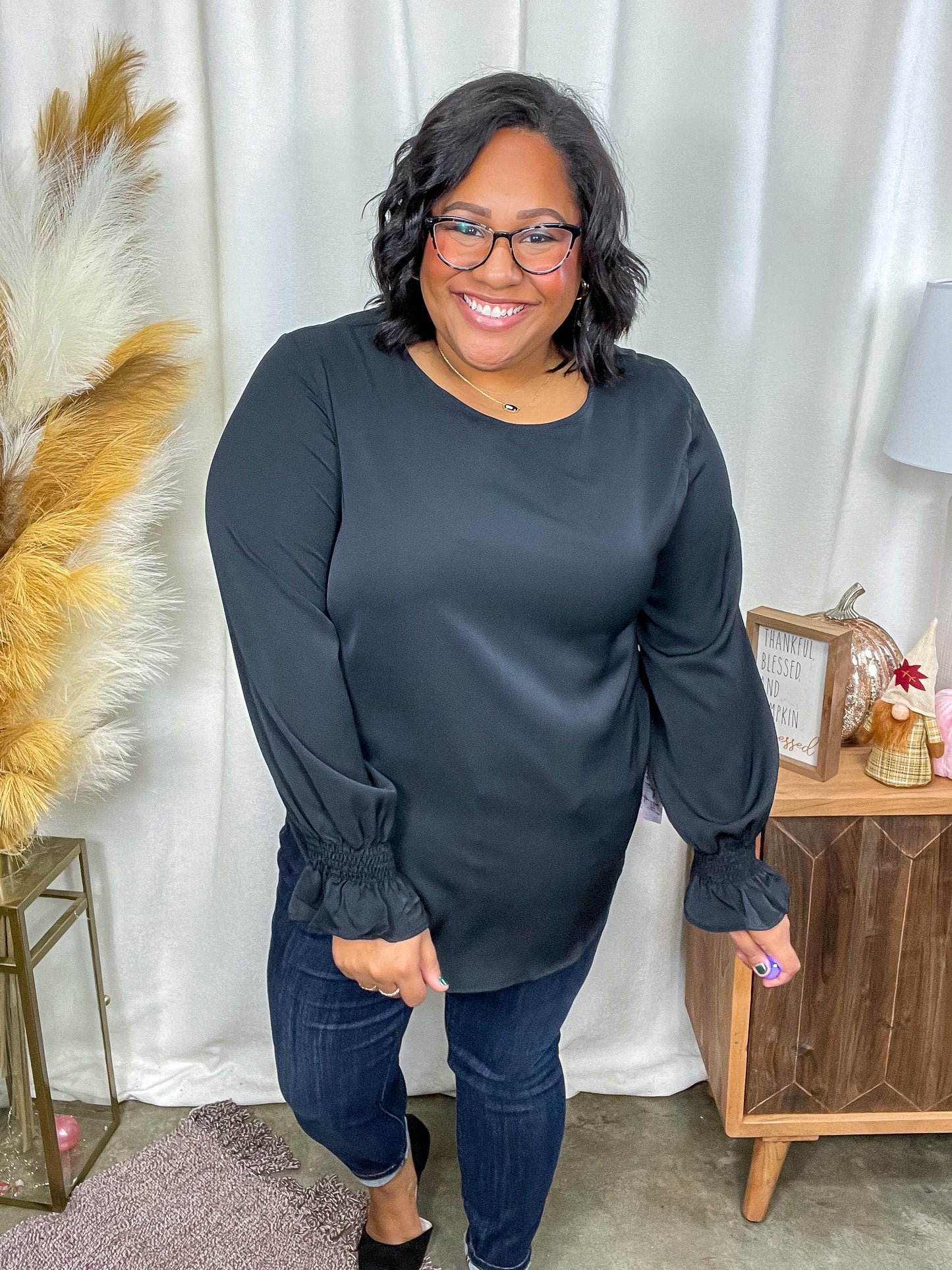 Peaceful Moments Smocked Sleeve Blouse in Black