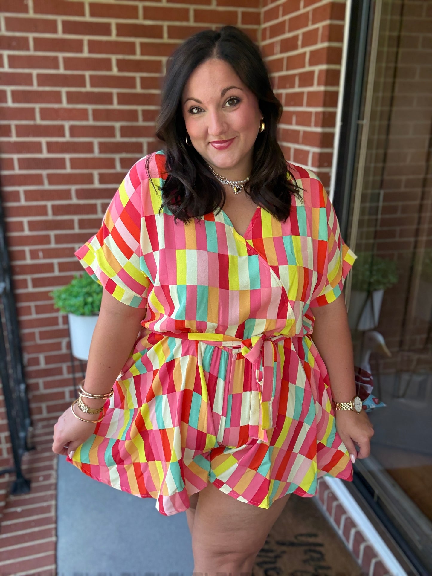 Eyes On You Coral Geo Abstract Surplice Woven Romper