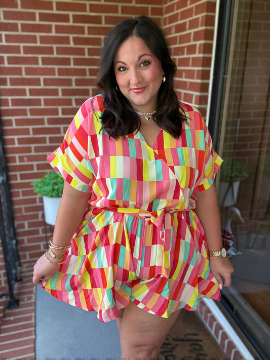 Eyes On You Coral Geo Abstract Surplice Woven Romper