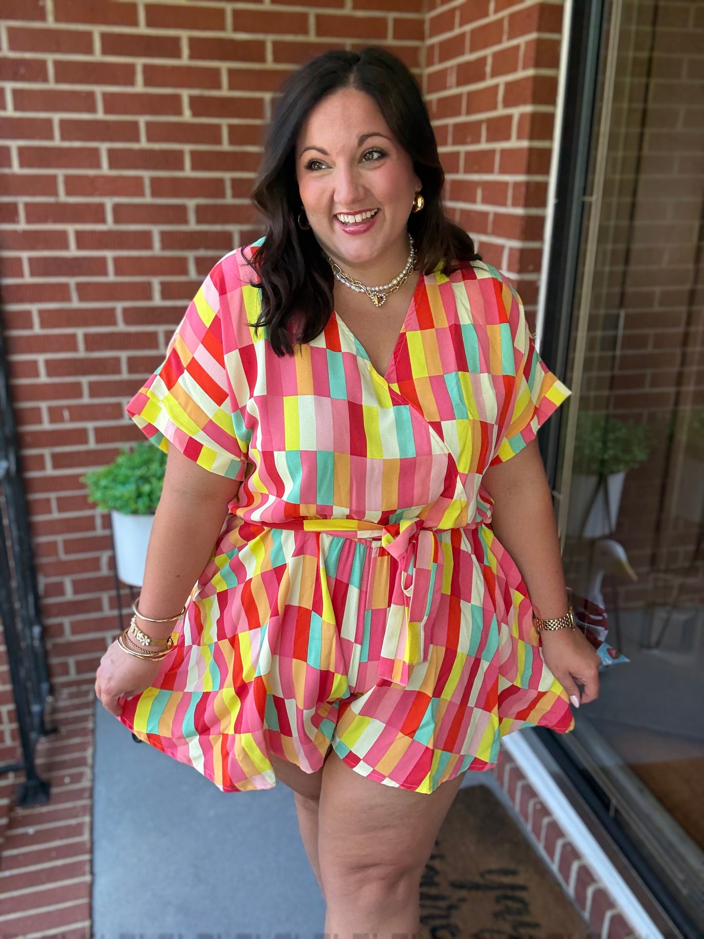 Eyes On You Coral Geo Abstract Surplice Woven Romper