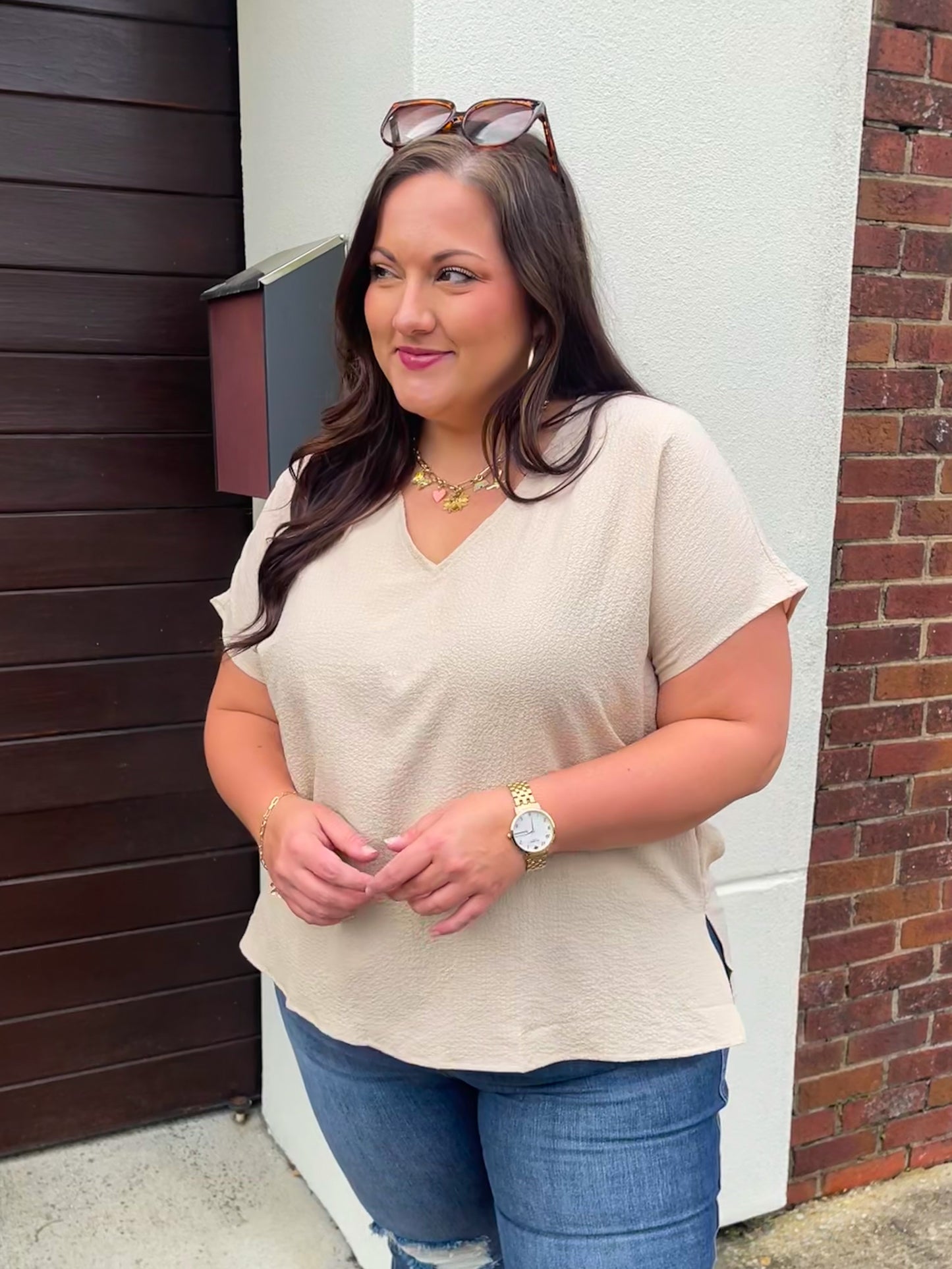 Let Me Be Your Wings V-Neck Top in Taupe