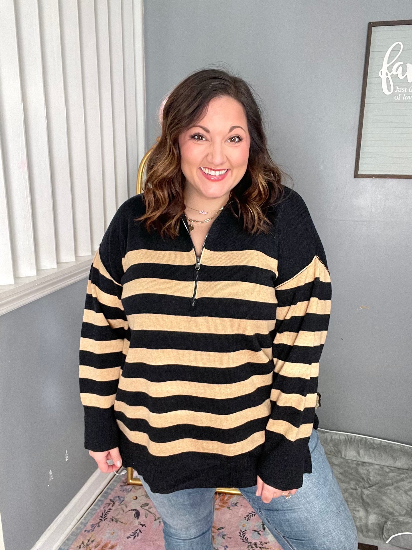 Well Situated Striped Quarter Zip Sweater in Black and Tan