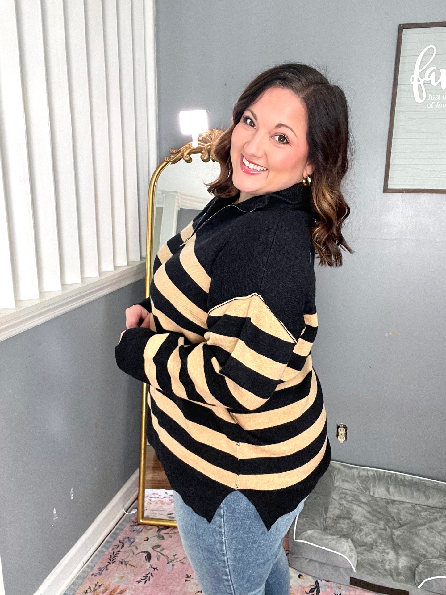 Well Situated Striped Quarter Zip Sweater in Black and Tan