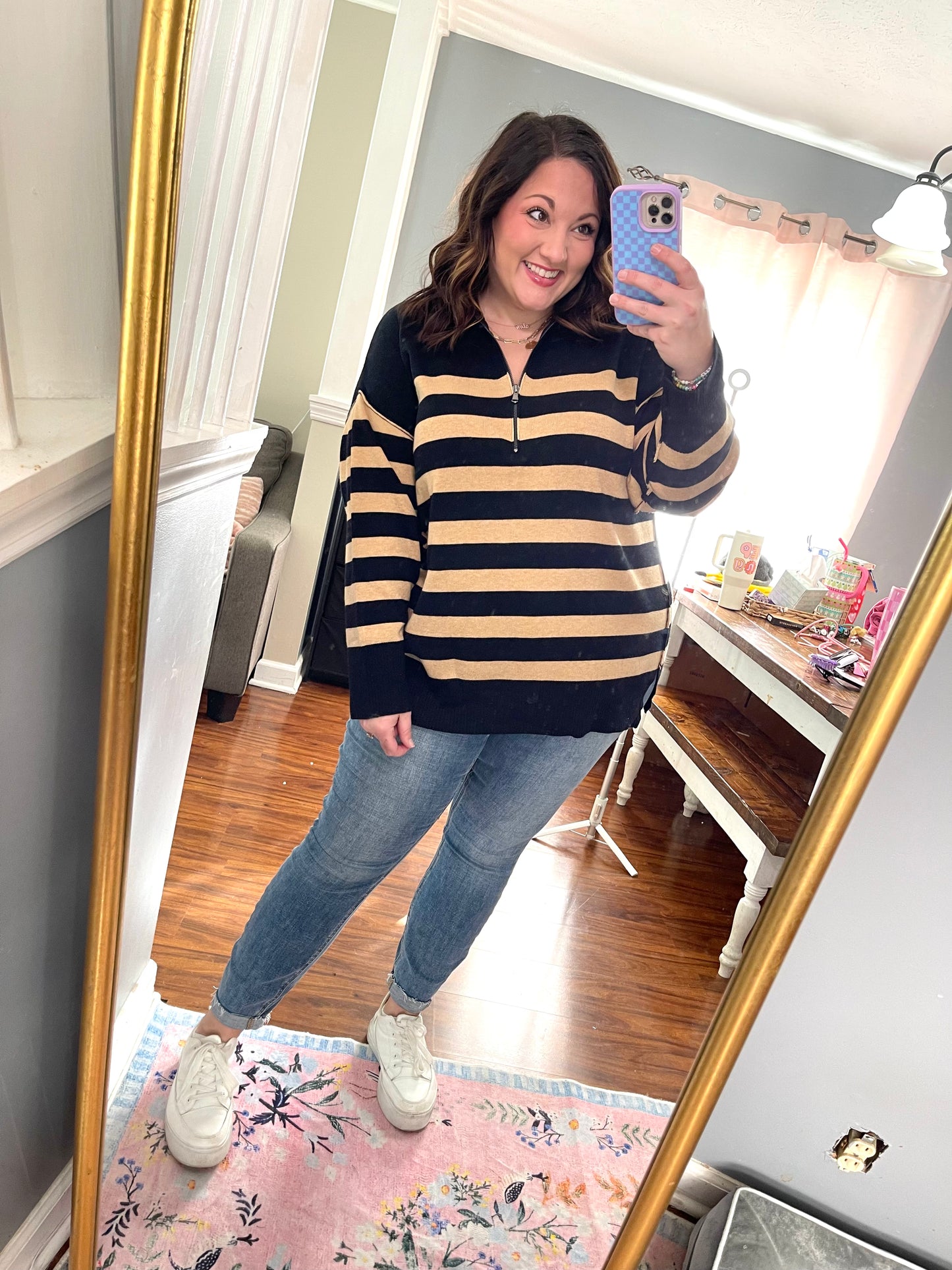 Well Situated Striped Quarter Zip Sweater in Black and Tan