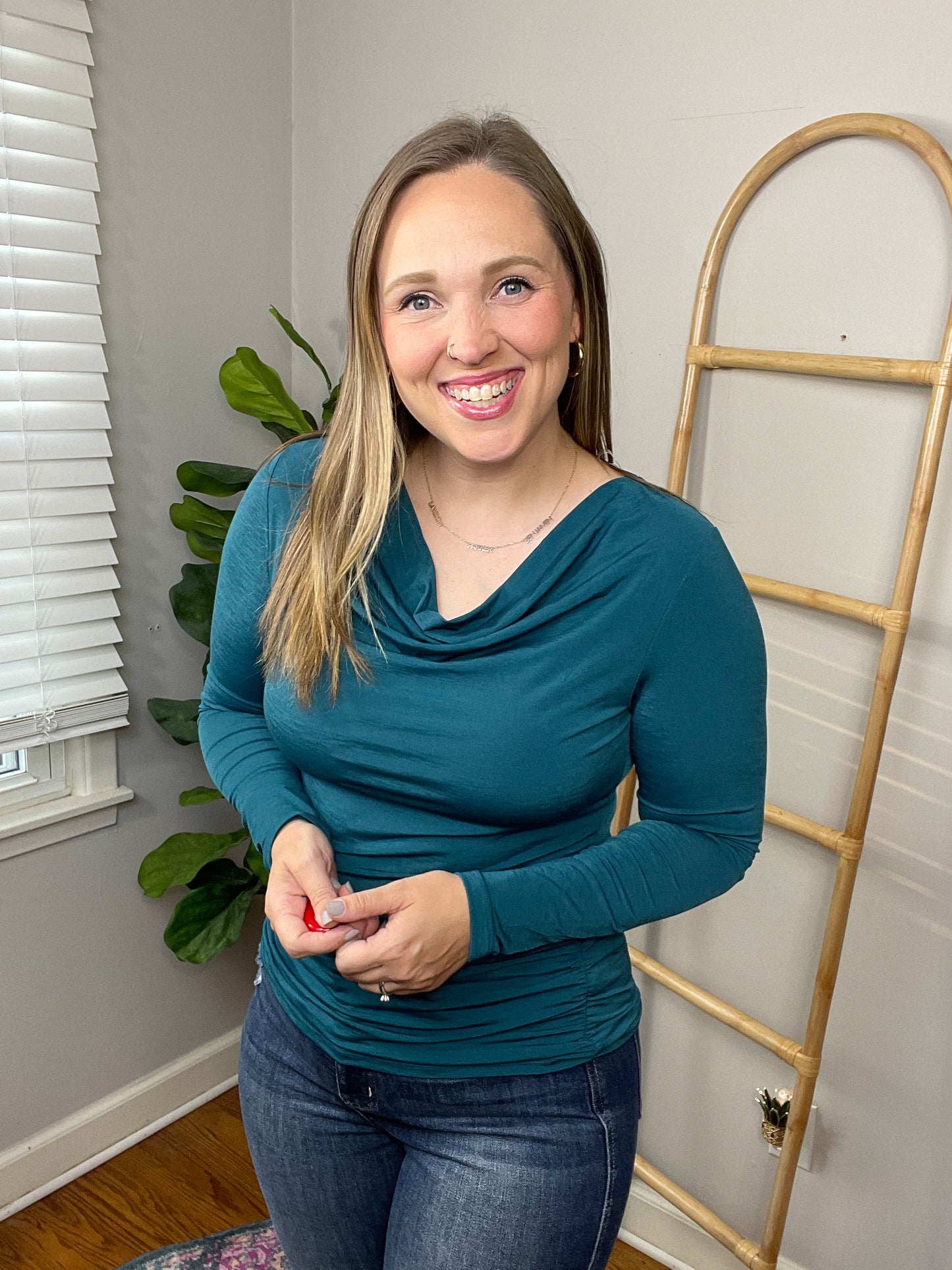 Ruched Cowl Neck Top in Dark Teal