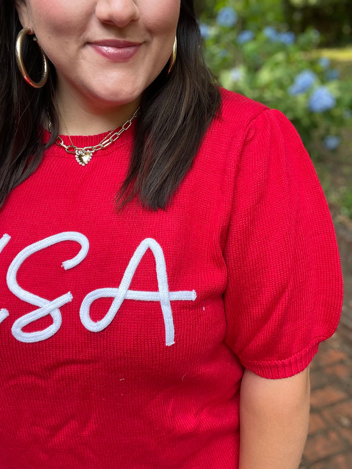 Patriotic USA Red Knit Embroidery Puff Sleeve Sweater Top