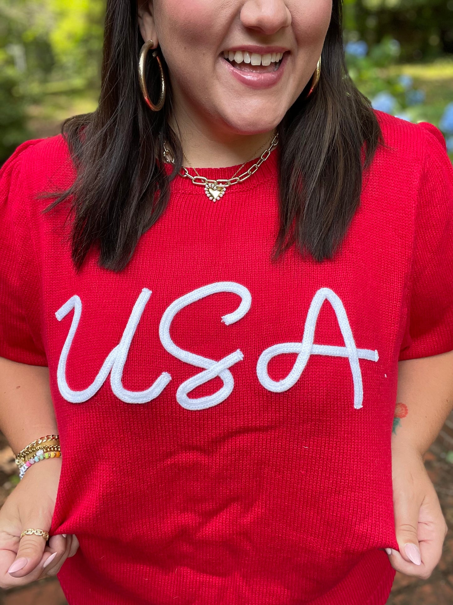 Patriotic USA Red Knit Embroidery Puff Sleeve Sweater Top