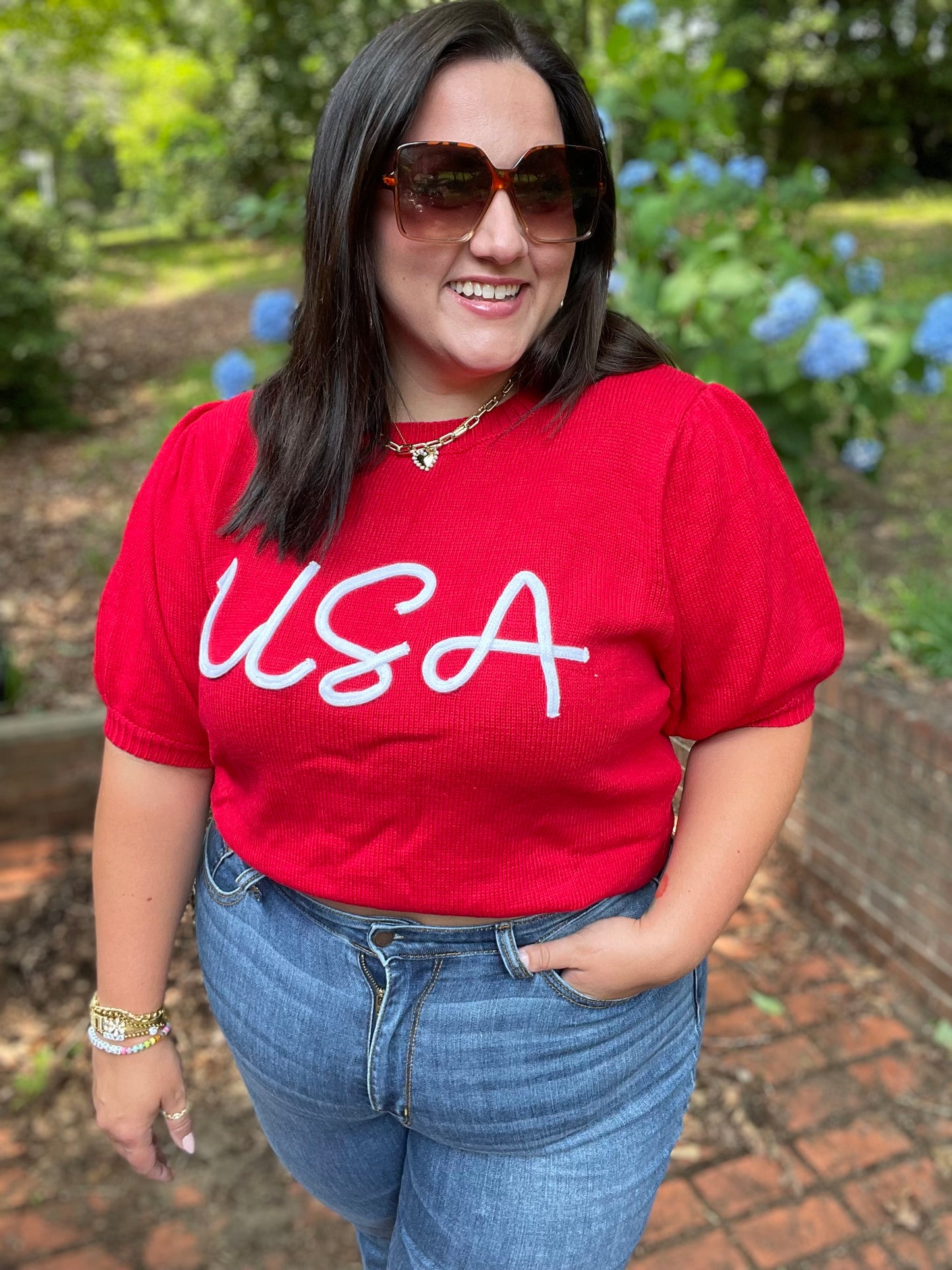 Patriotic USA Red Knit Embroidery Puff Sleeve Sweater Top