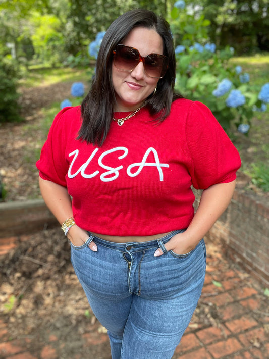 Patriotic USA Red Knit Embroidery Puff Sleeve Sweater Top
