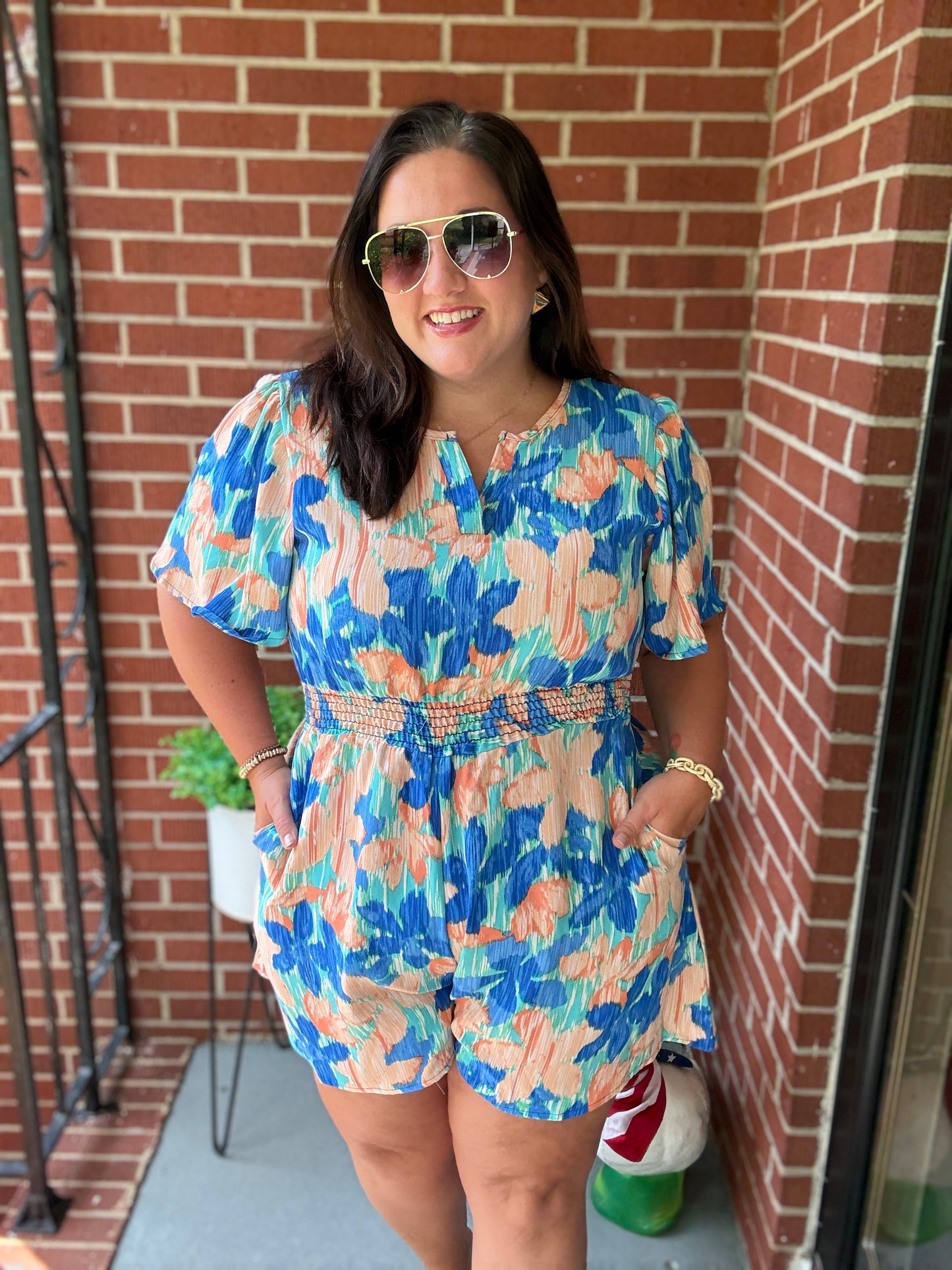 Feeling Bold Turquoise Floral Smocked Waist Flutter Sleeve Romper