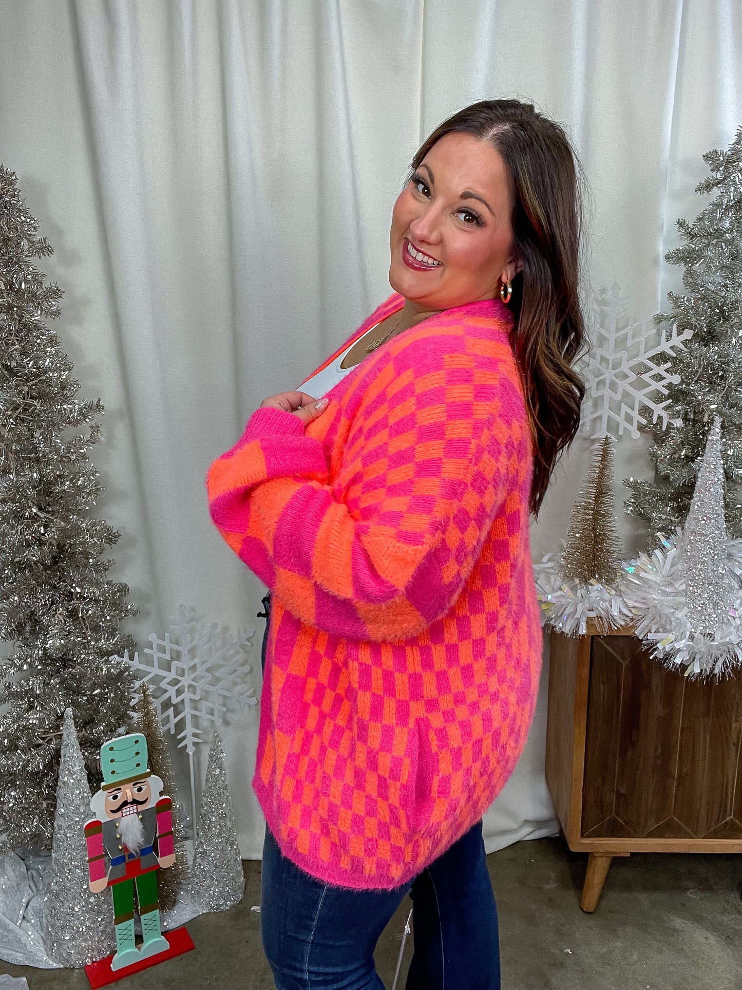 Noticed in Neon Checkered Cardigan in Pink and Orange