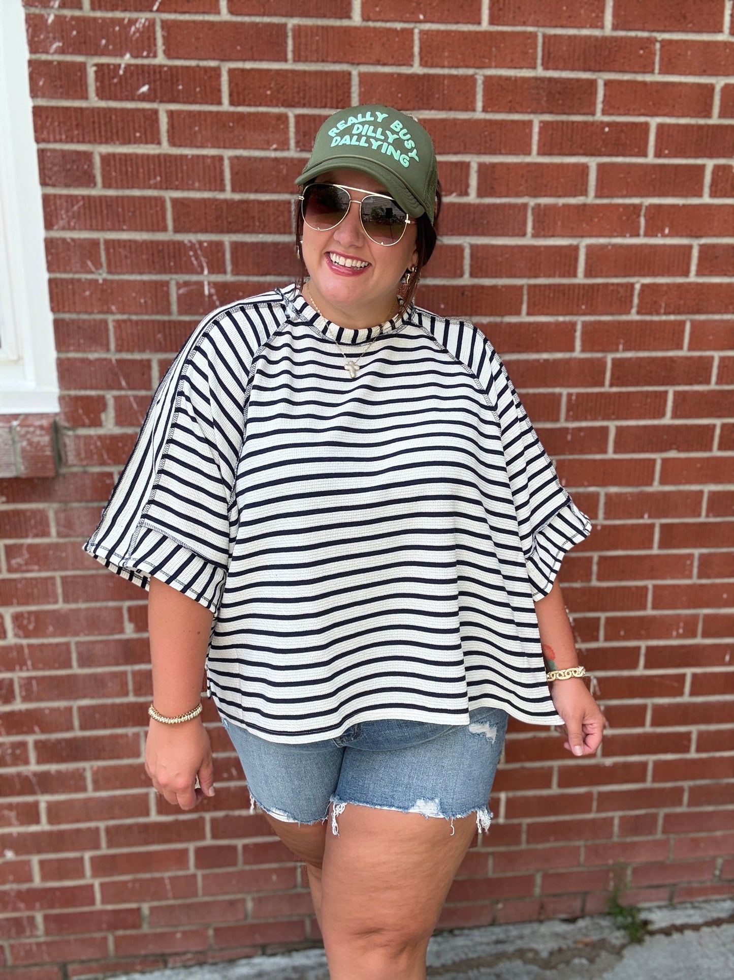 Casual Chic Cotton Navy & Cream Stripe Raglan 3/4 Sleeve Pullover