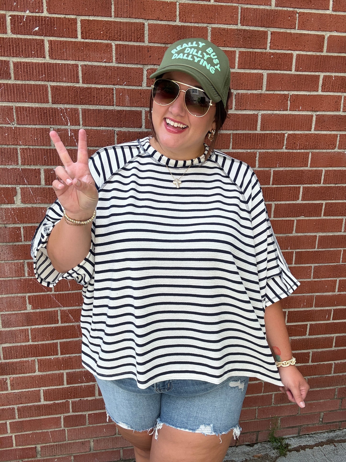 Casual Chic Cotton Navy & Cream Stripe Raglan 3/4 Sleeve Pullover