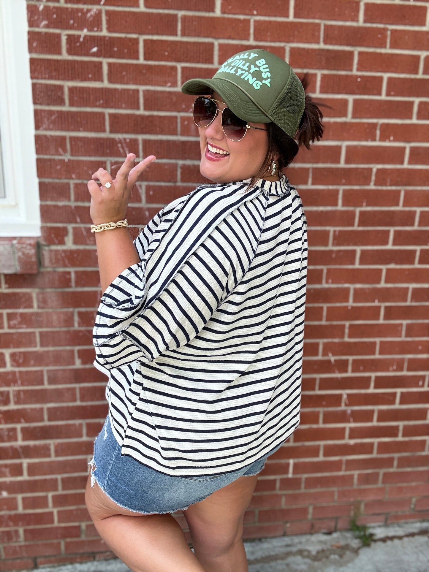 Casual Chic Cotton Navy & Cream Stripe Raglan 3/4 Sleeve Pullover