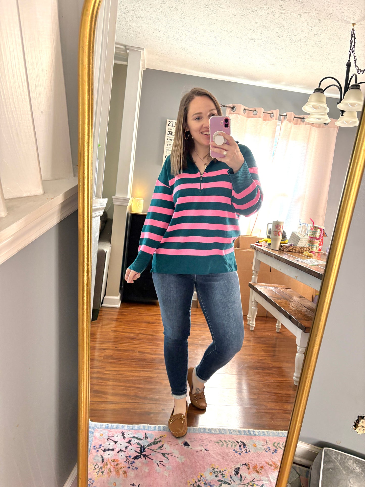 Well Situated Striped Quarter Zip Sweater in Green and Pink