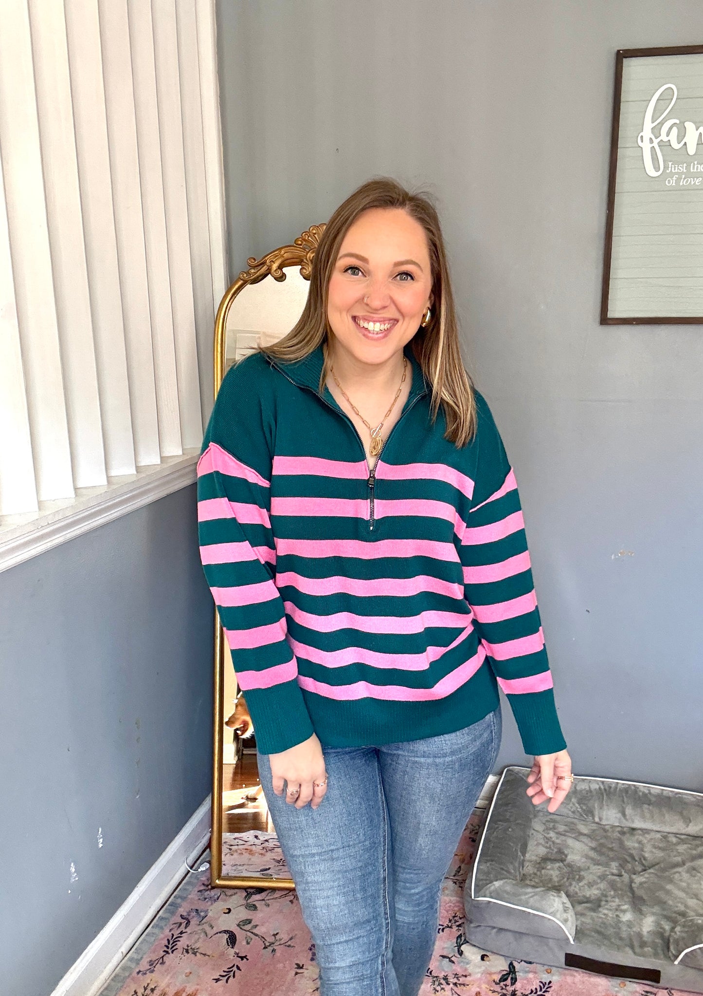 Well Situated Striped Quarter Zip Sweater in Green and Pink