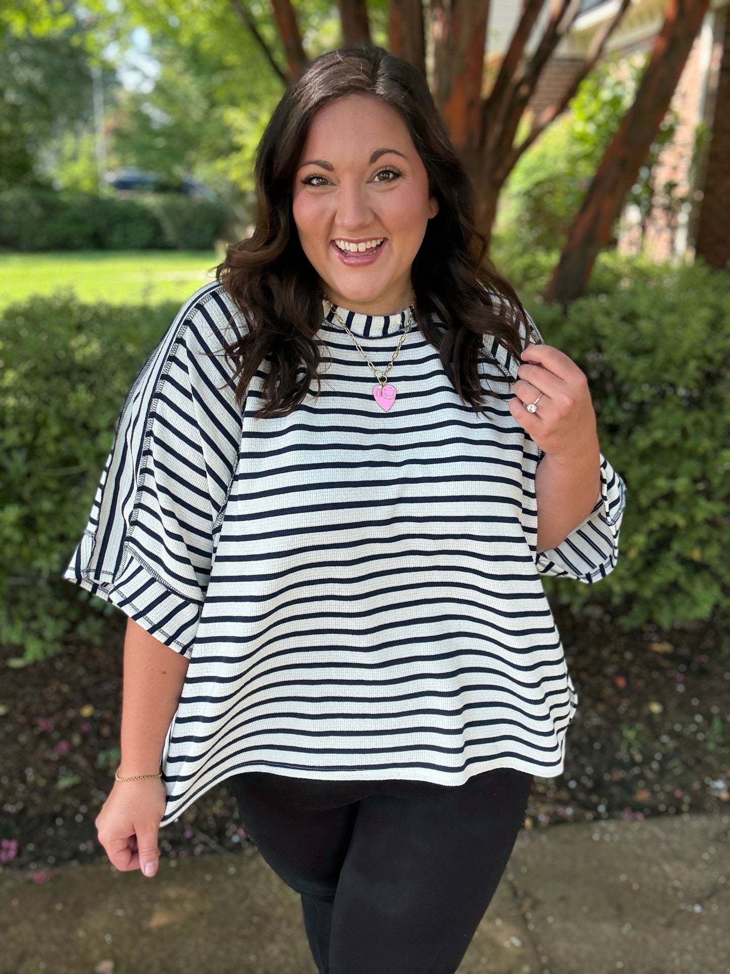 Casual Chic Cotton Navy & Cream Stripe Raglan 3/4 Sleeve Pullover