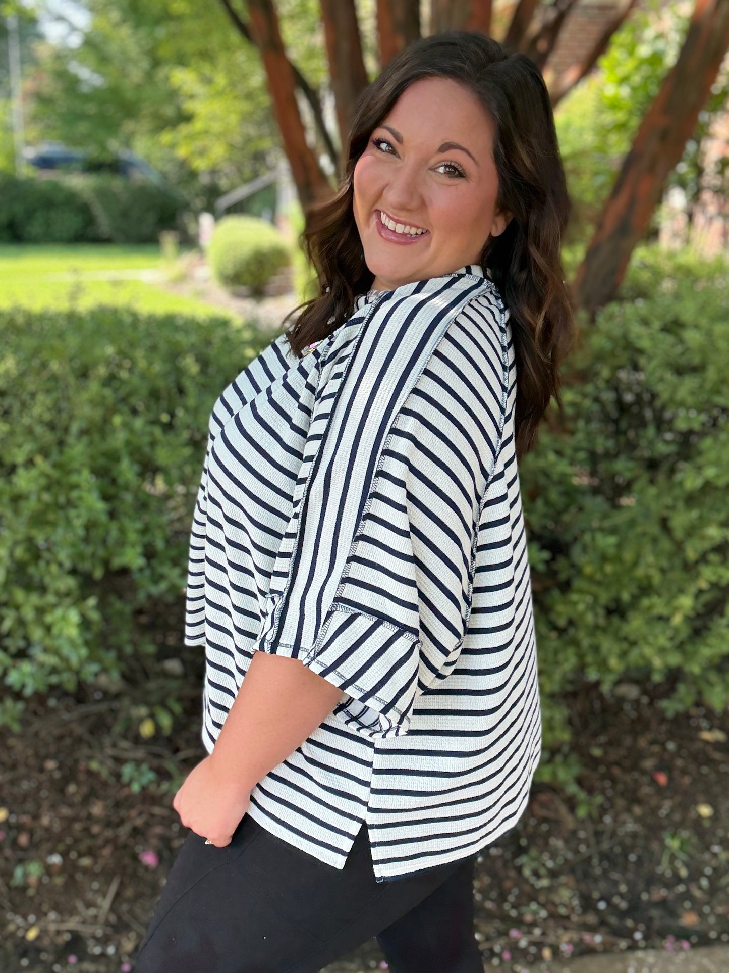 Casual Chic Cotton Navy & Cream Stripe Raglan 3/4 Sleeve Pullover