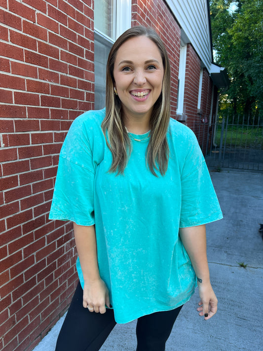 Don't Mind Me Mineral Wash Drop Shoulder Tee in Turquoise