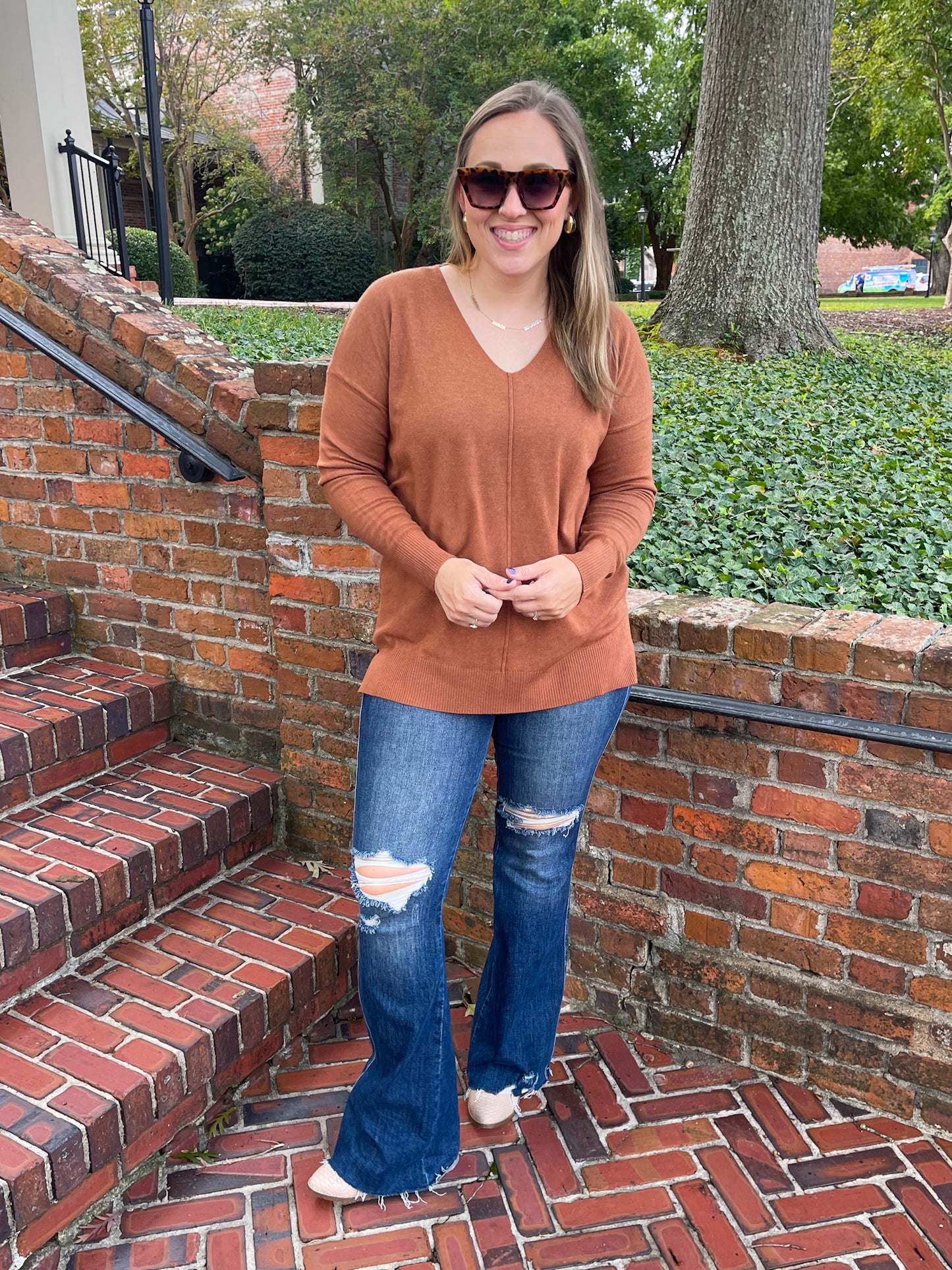 Candy V-Neck Front Seam Sweater in Deep Camel