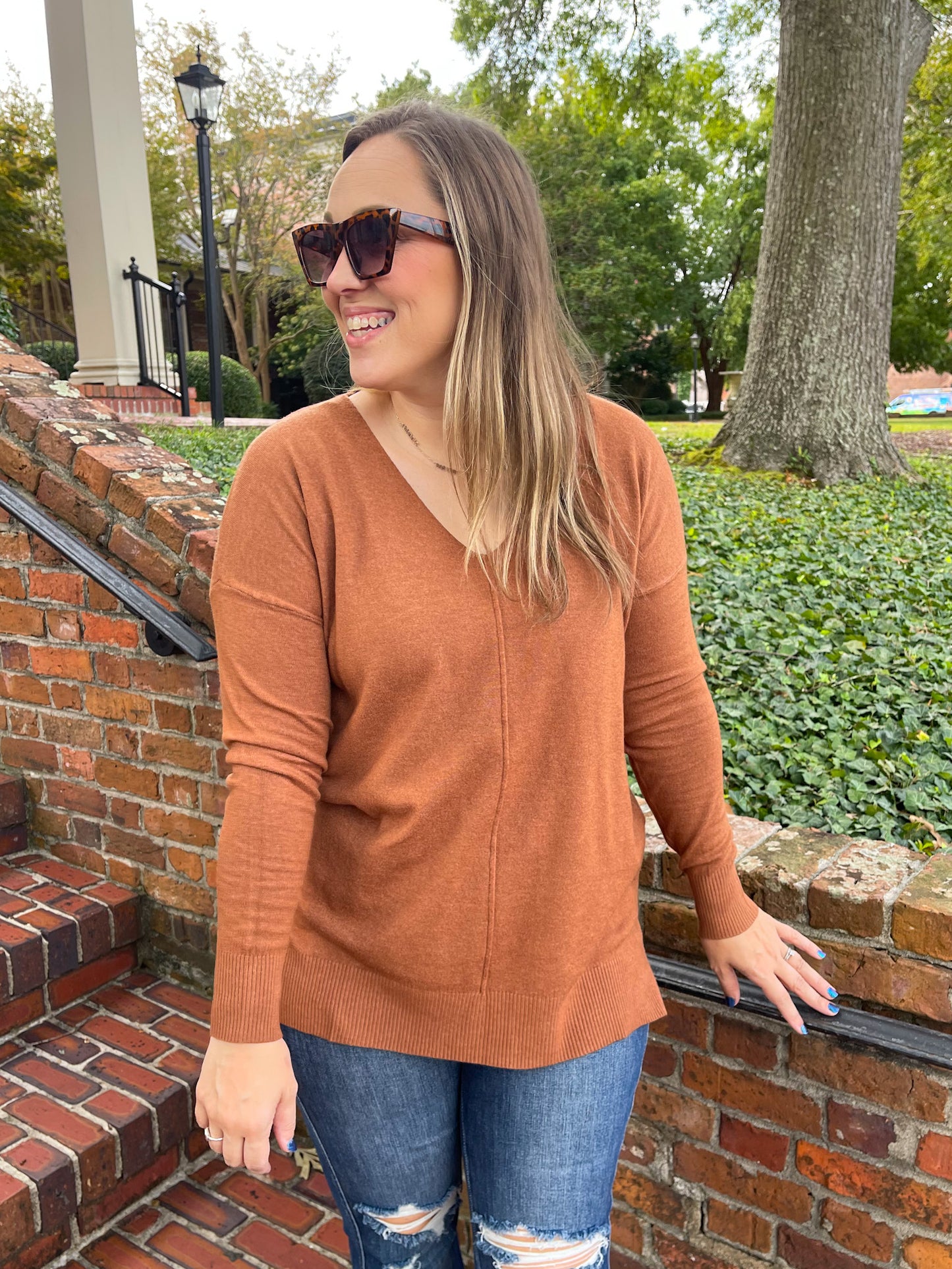 Candy V-Neck Front Seam Sweater in Deep Camel