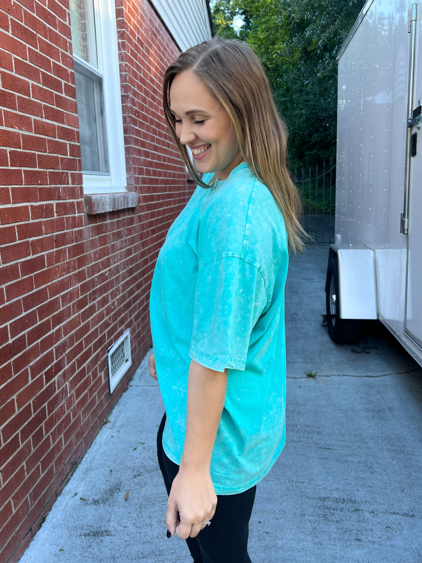 Don't Mind Me Mineral Wash Drop Shoulder Tee in Turquoise