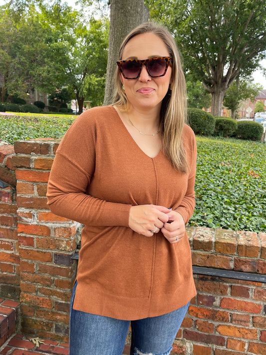 Candy V-Neck Front Seam Sweater in Deep Camel