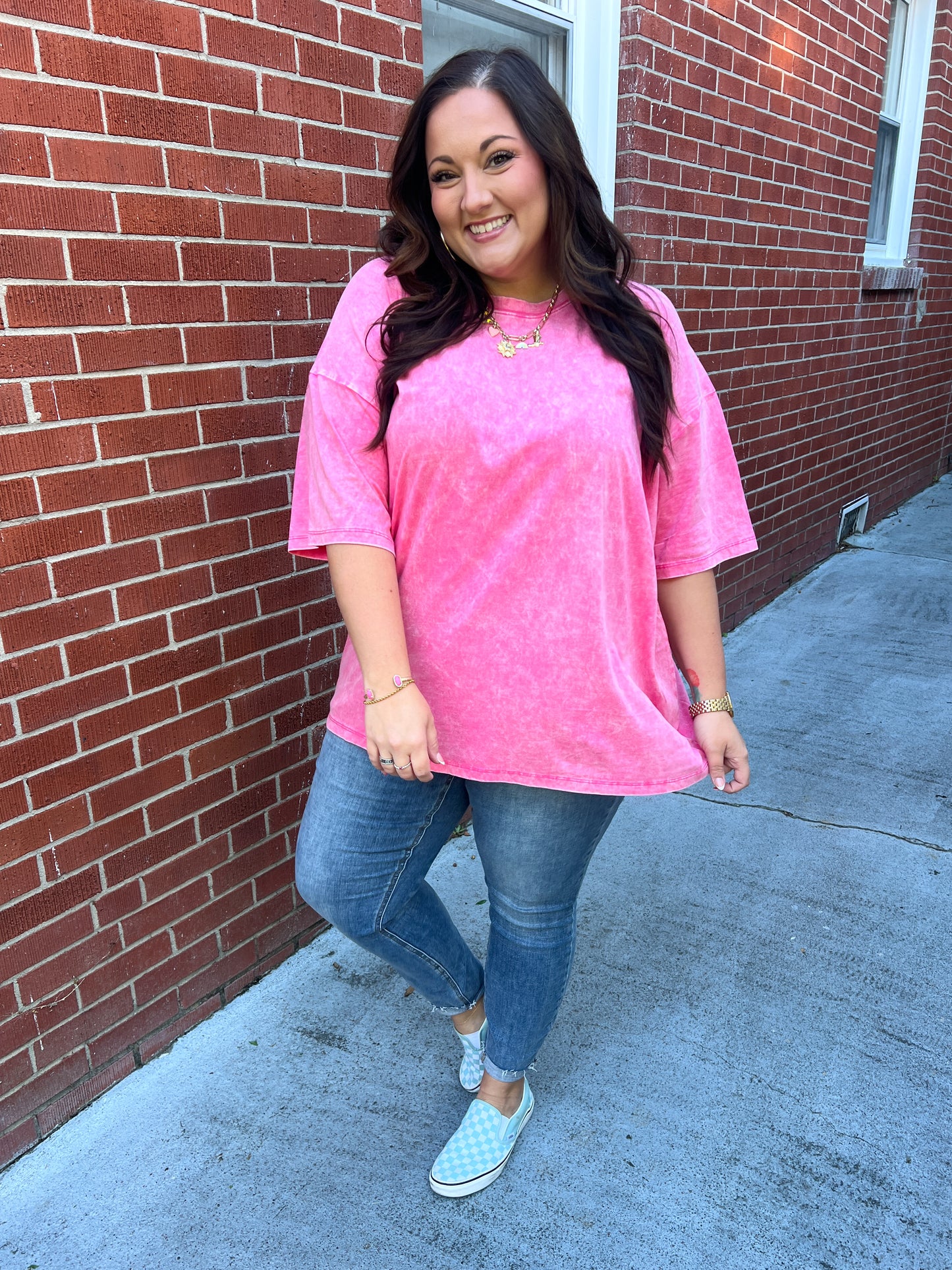 Don't Mind Me Mineral Wash Drop Shoulder Tee in Fuchsia