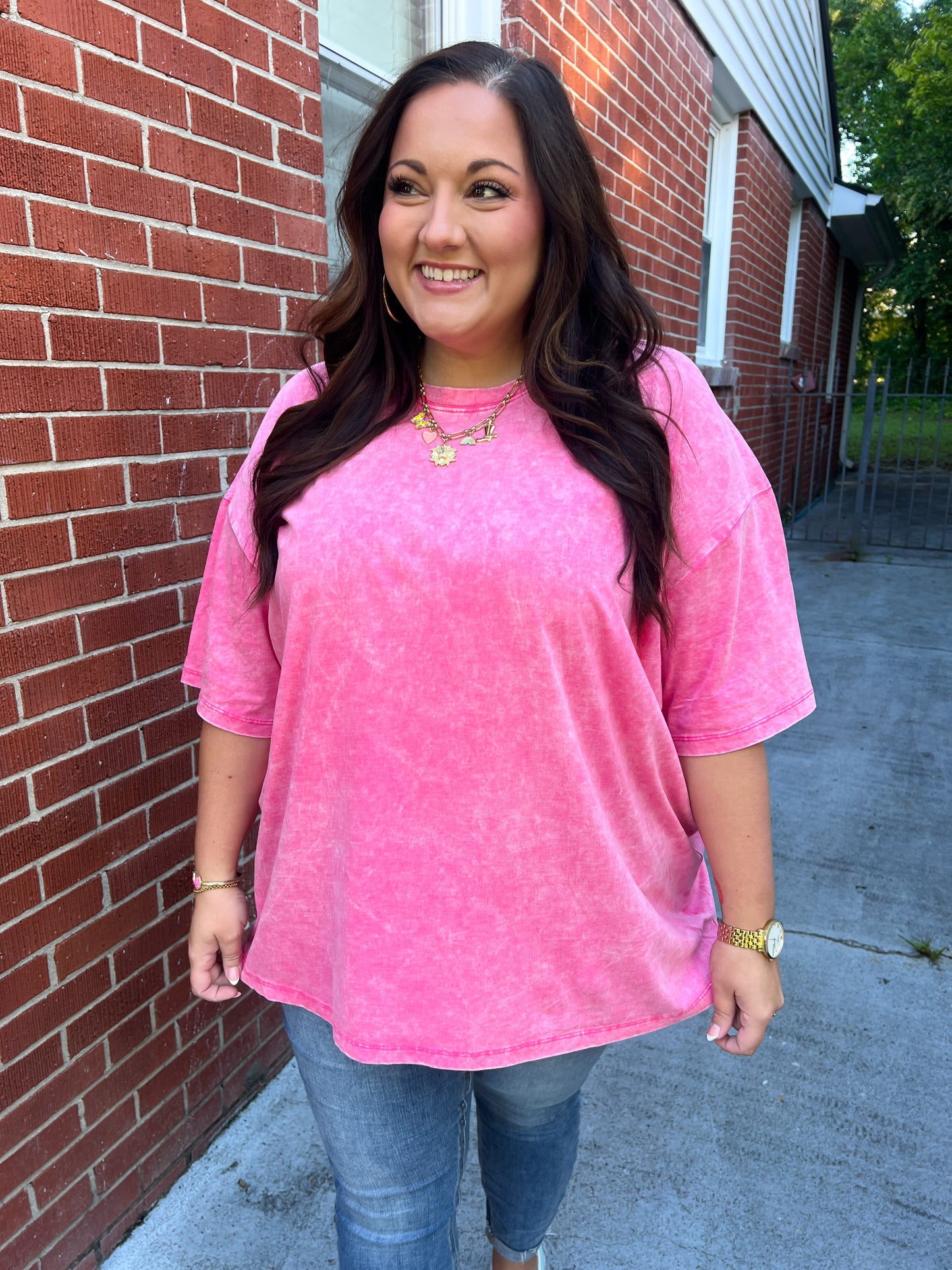 Don't Mind Me Mineral Wash Drop Shoulder Tee in Fuchsia