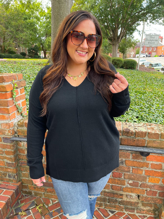 Candy V-Neck Front Seam Sweater in Black