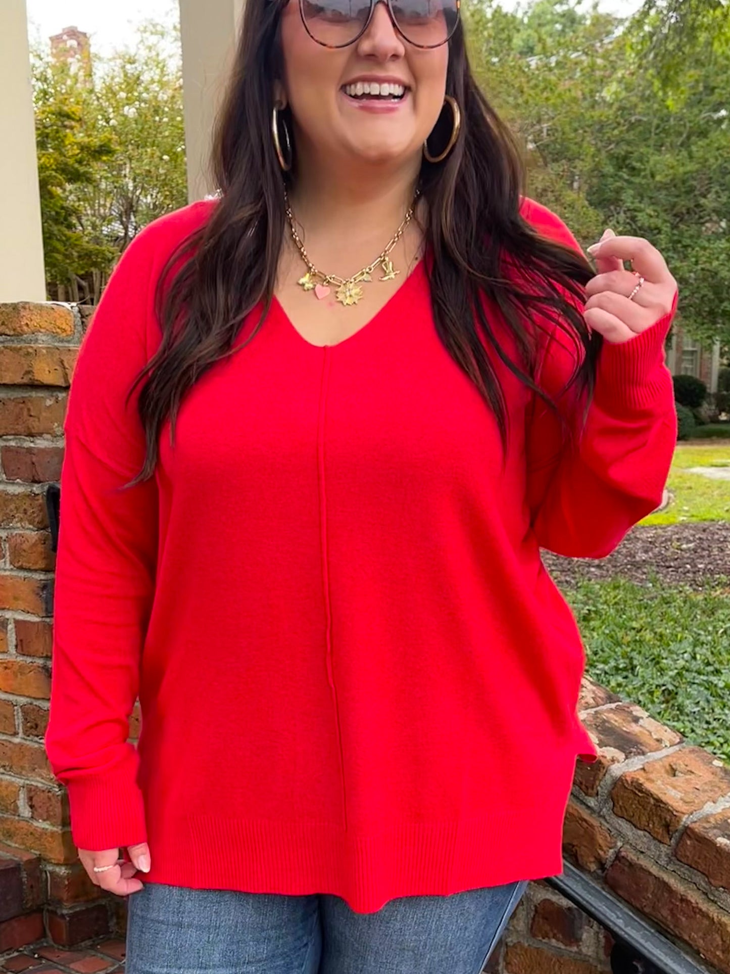 Candy V-Neck Front Seam Sweater in Heather Red