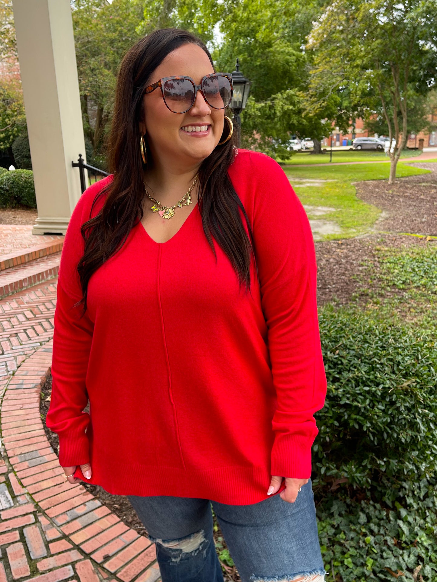 Candy V-Neck Front Seam Sweater in Heather Red