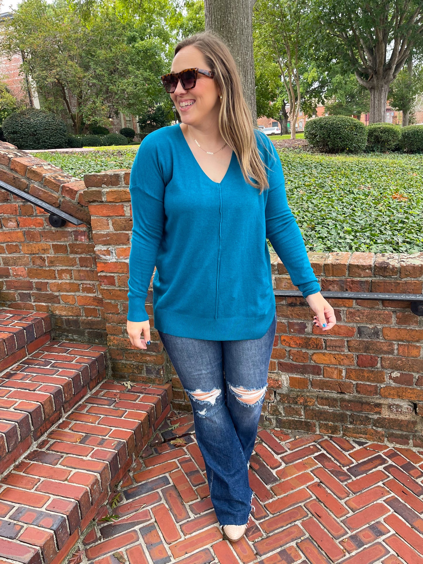 Candy V-Neck Sweater in Heather Ocean Teal