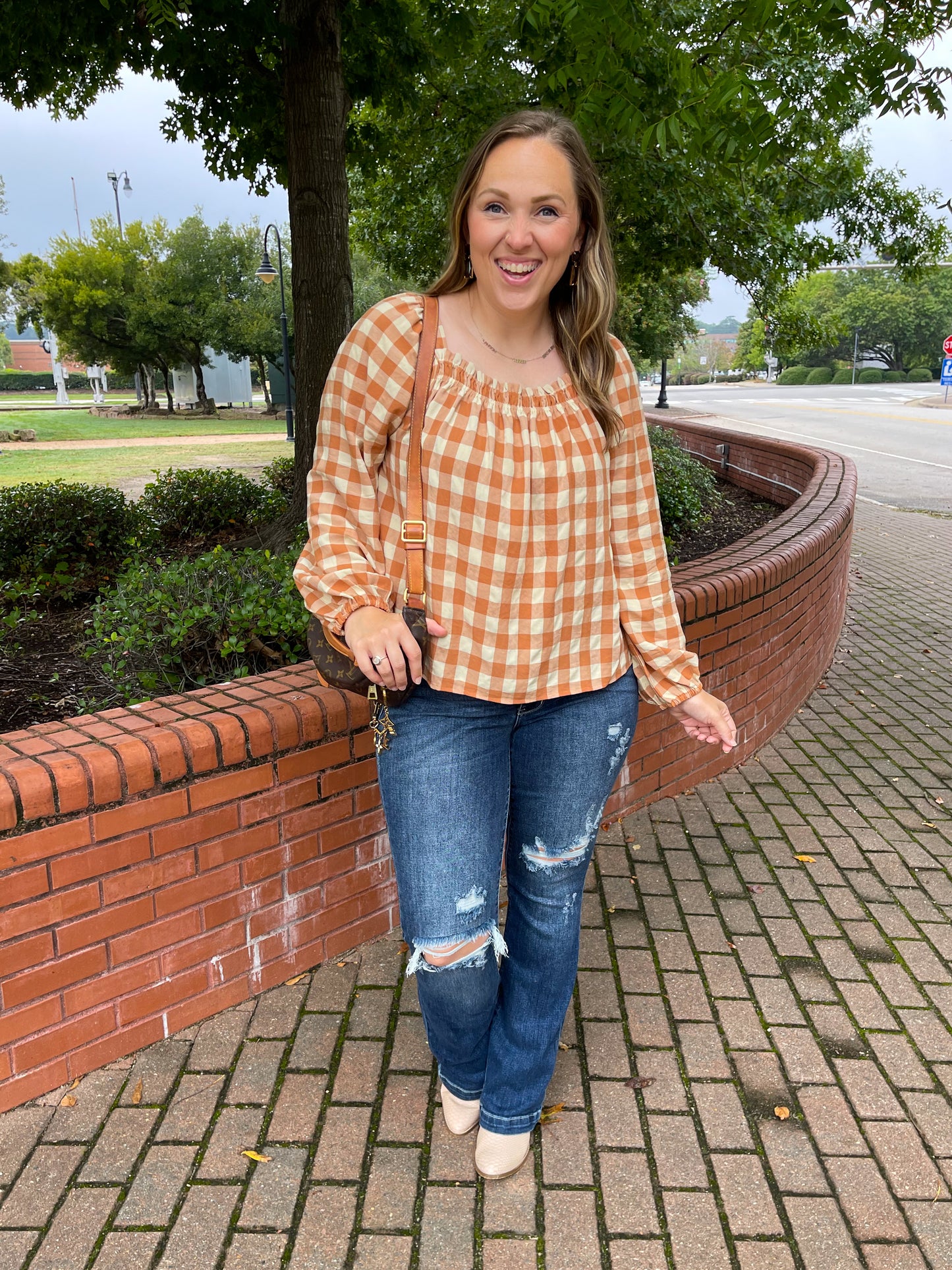 One Fine Afternoon Gingham Plaid Top In Caramel