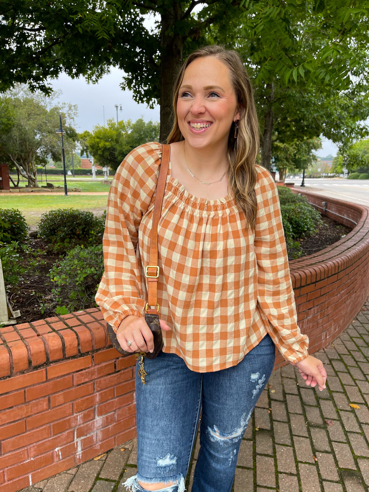 One Fine Afternoon Gingham Plaid Top In Caramel