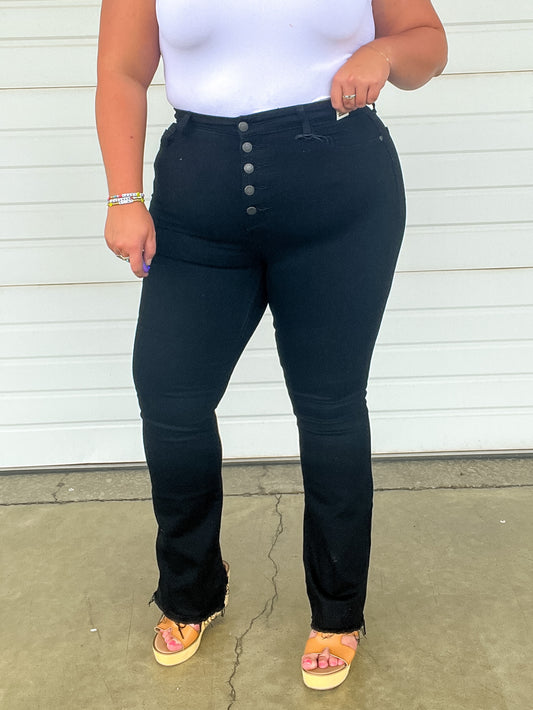 Harriet High Rise Button Fly Bootcut Jeans in Black