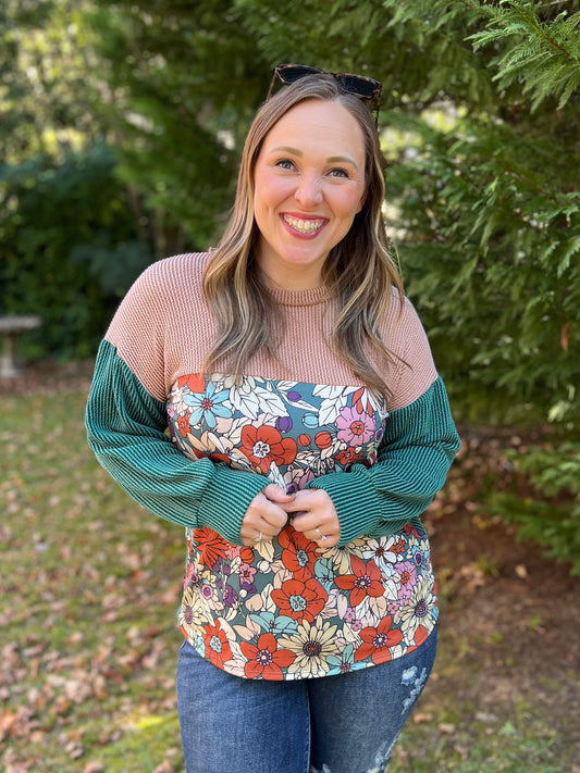 Retro and Ribbed Floral Color Block Top