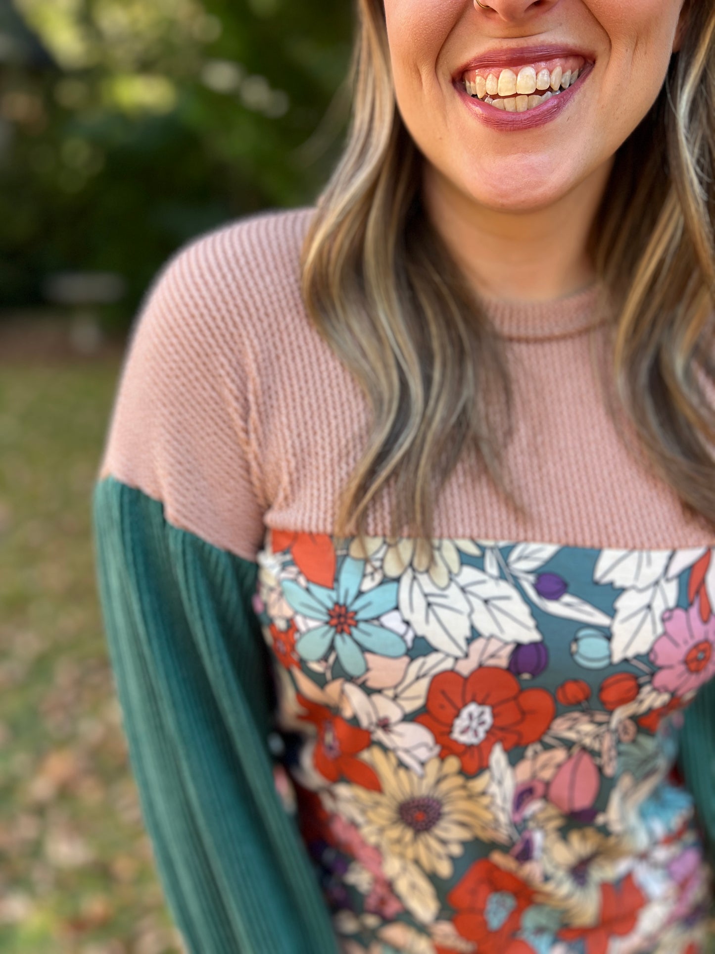 Retro and Ribbed Floral Color Block Top