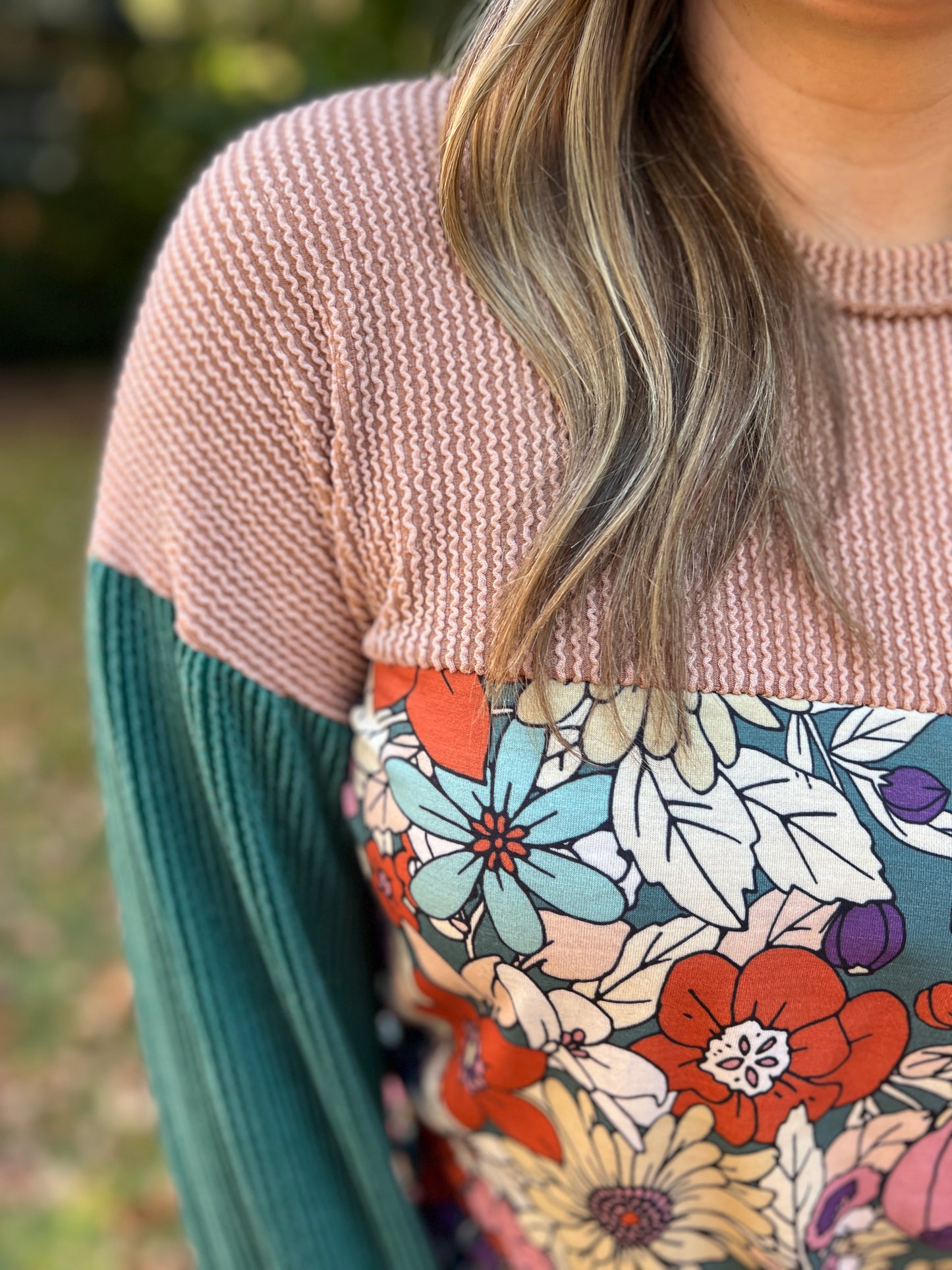 Retro and Ribbed Floral Color Block Top