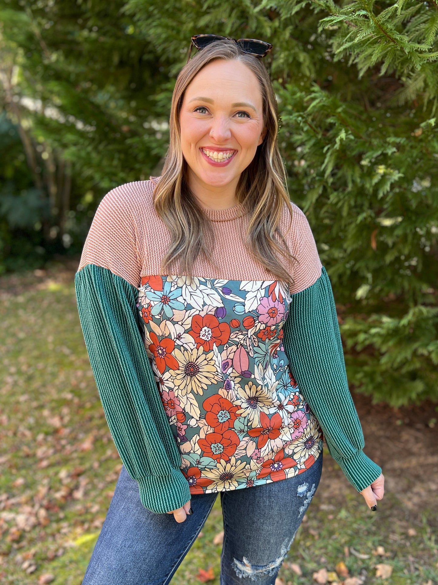 Retro and Ribbed Floral Color Block Top